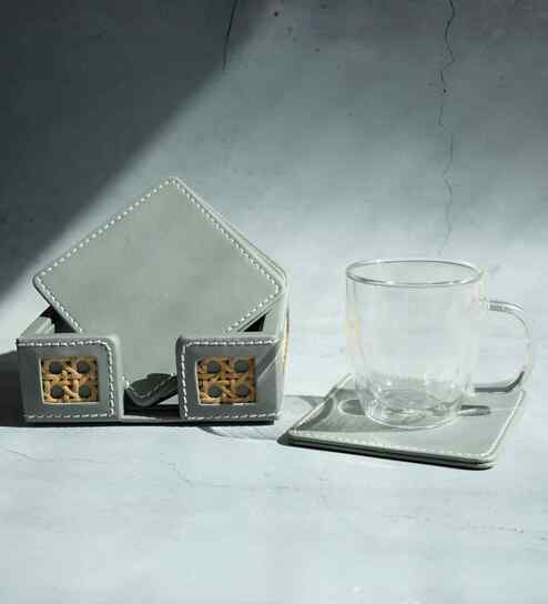 Stone Grey PU Leather and Natural Rattan Coaster Set of 6 Heat Resistant Table Coasters