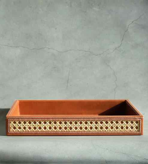 Tan Brown Large PU Leather and Natural Rattan Multipurpose Tray