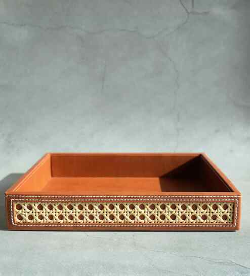 Tan Brown Medium PU Leather and Natural Rattan Multipurpose Tray