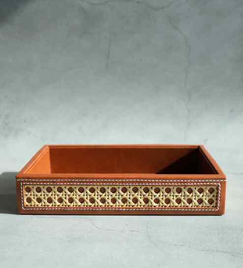 Tan Brown Small PU Leather and Natural Rattan Multipurpose Tray