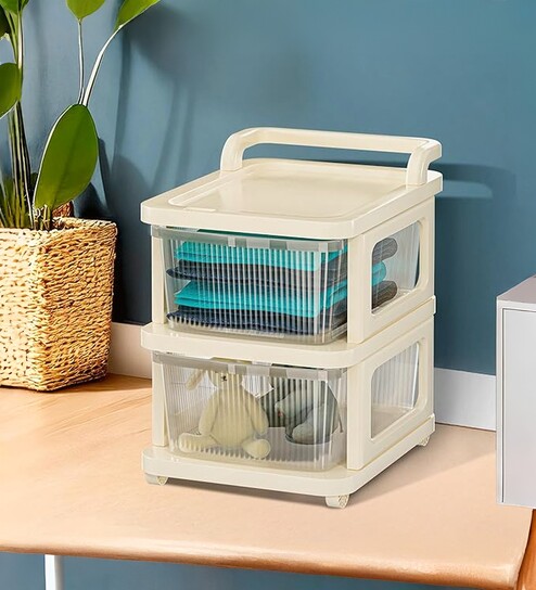 Cream Storage Rolling Cart With Wheels 2 Layer