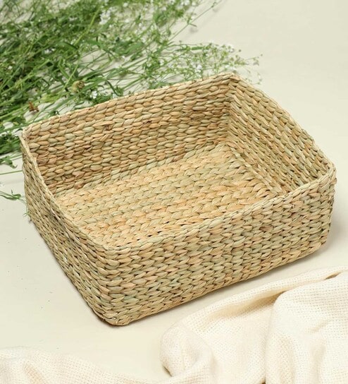 (1Pc) Beige Straw Rectangular Storage Basket & Wardrobe Organiser - Large