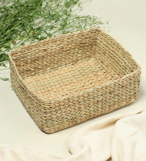 (1Pc) Beige Straw Rectangular Storage Basket & Wardrobe Organiser - Medium