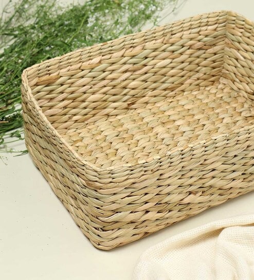 (1Pc) Beige Straw Rectangular Storage Basket & Wardrobe Organiser - Xl