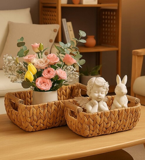 Set Of 2 Beige Water Hyacinth Handmade Storage Basket & Wardrobe Organiser