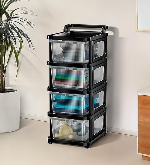 Black Storage Rolling Cart With Wheels 4 Layer