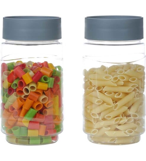 Varmora Store N Stack | Dry Storage Plastic Containers | Easy-Open Airtight Lid | Transparent Plastic Canisters | Set of 2- 1000 ml each- Grey