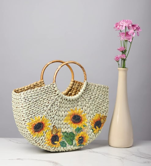 Straw Bag | Small Tote | Basket Bags | Bamboo Tote | Beach Bags for Women | Half Moon Bag | White Handbag (Design 01)