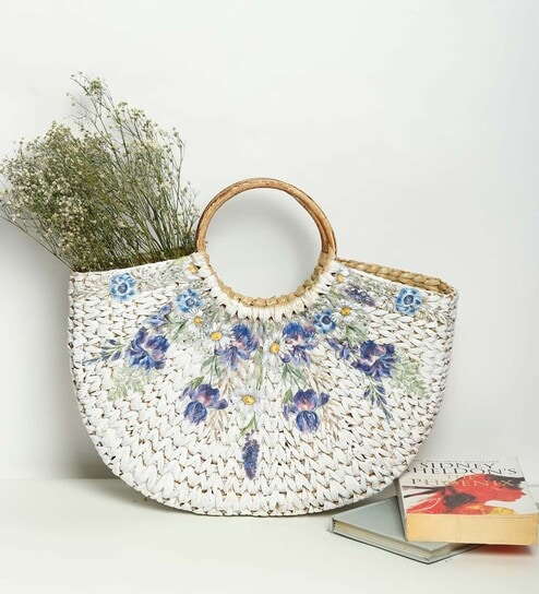 Straw Bag | Small Tote Bag | Basket Bag | Bamboo Tote | Beach Bags for Women | Boho Bag | Half Moon Bag | White Handbag