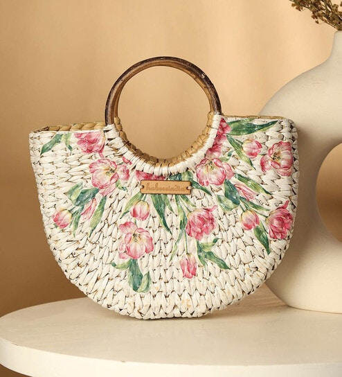 Straw Bags | Small Tote Bag | Bamboo Tote | Beach Bags for Women | White Handbag | Half Moon Bag (Tulips)
