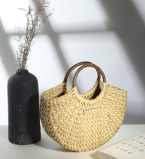 Straw Tote, Small Basket, Bamboo Beach Bag for Women, Boho Kauna Handbag, Half Moon - Contemporary, Beige