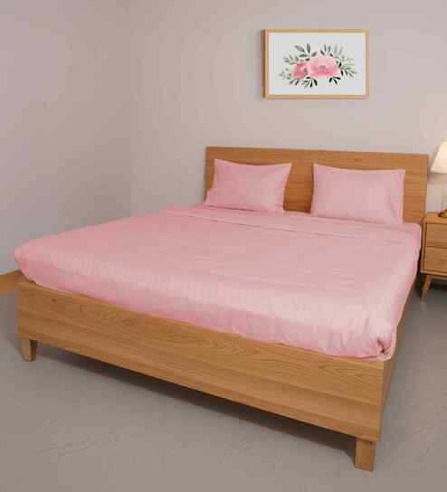 oyvu Strawberry Cream Step Design 300 TC 100% Cotton King Size Flat Bed Sheet With 2 Pillow Covers-picture-13