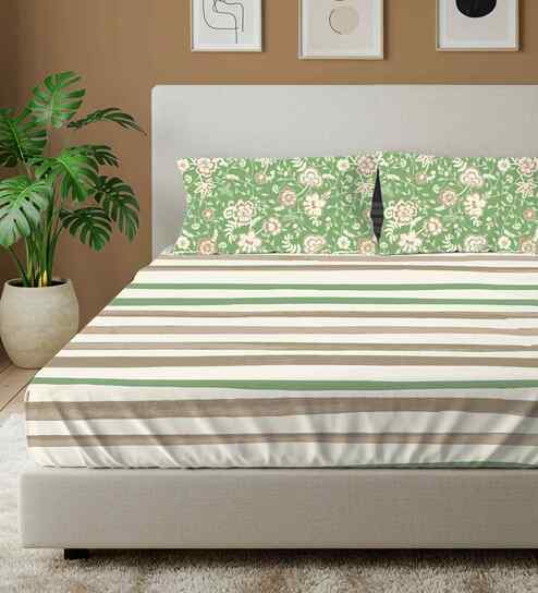Streak Sage Green Floral 144 Tc Cotton Double Bedsheet With 2 Pillow Covers