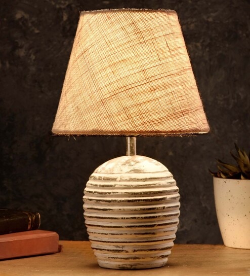 Striped Wooden White Lamp With White Jute Shade by Green Girgit