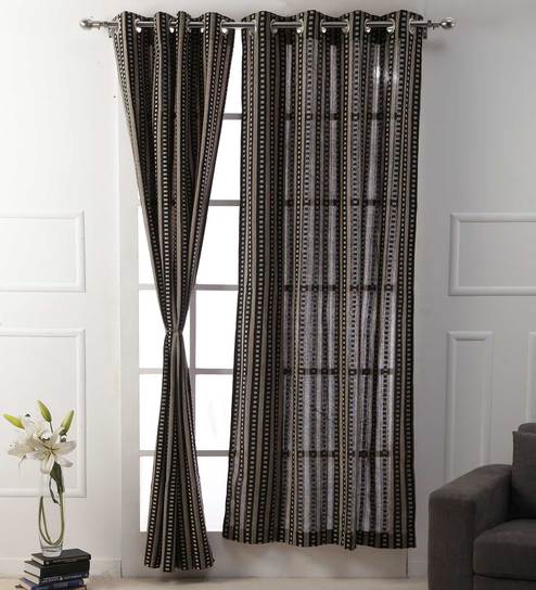 Buy Stripes Design Black Color 100 Cotton Eyelet Curtain Long