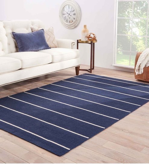 Blue Wool Geometrical 5  x 8  Feet Hand Woven Carpet by Jaipur Rugs