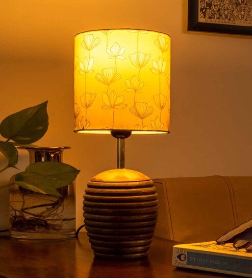Stripped Brown Lamp with Mustard Flora multicolor shade