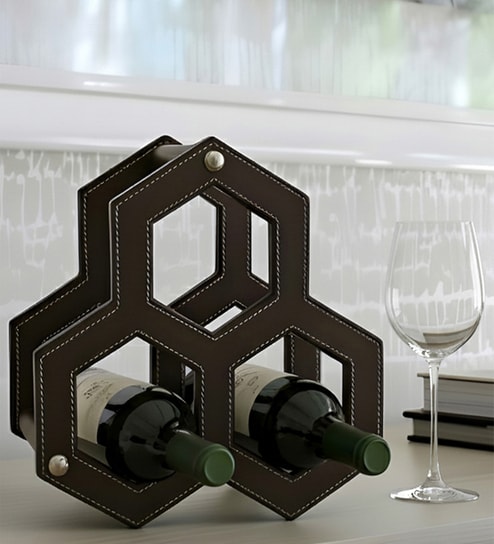 Studio Premium Faux Leather 3-Bottle Wine Rack Modern Hexagon Design Tabletop Wine Holder