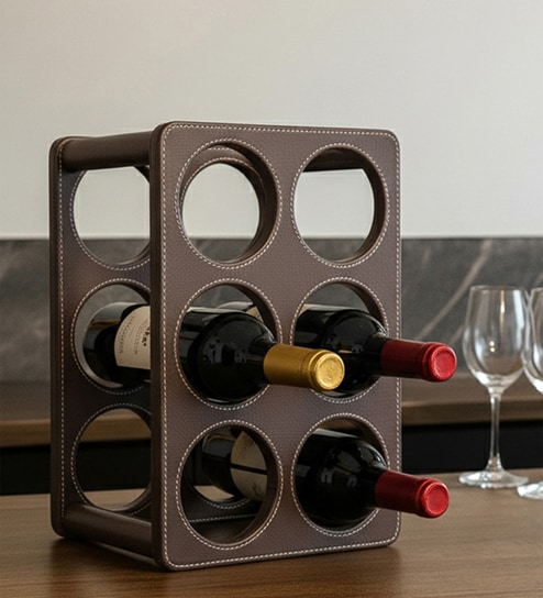 Studio Premium Faux Leather Wine Rack | Modern Vertical/Horizontal 6-Bottle Wine Holder