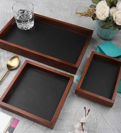 StyleWood Black & Brown Sheesham Wood (Set of 3) Tray Set