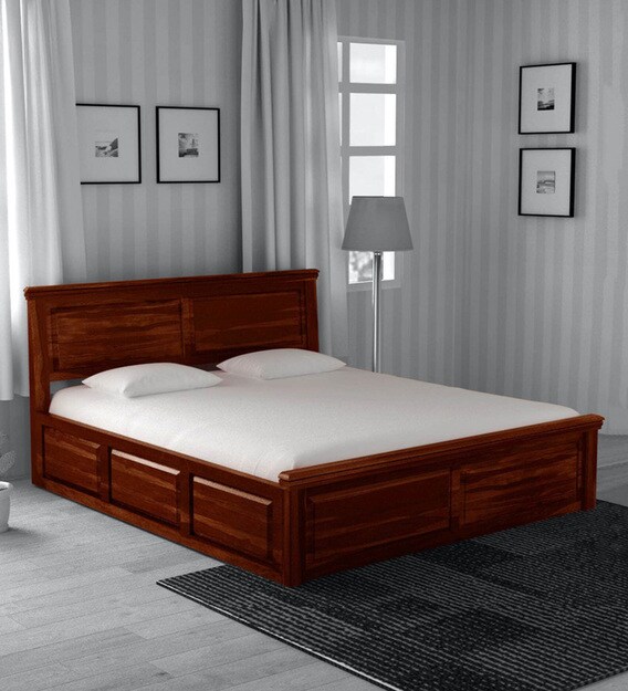 Buy Stanfield Solid Wood King Size Bed with Storage in Honey Oak Finish