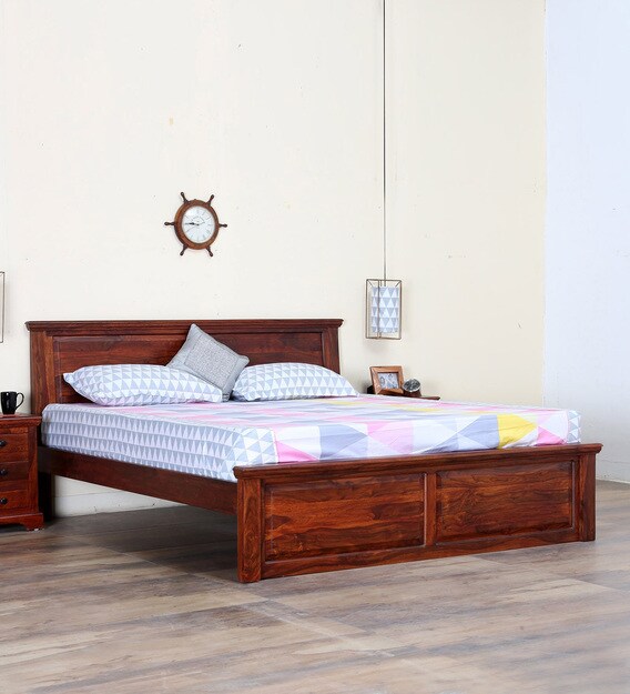 Buy Stanfield Solid Wood Queen Size Bed in Honey oak Finish