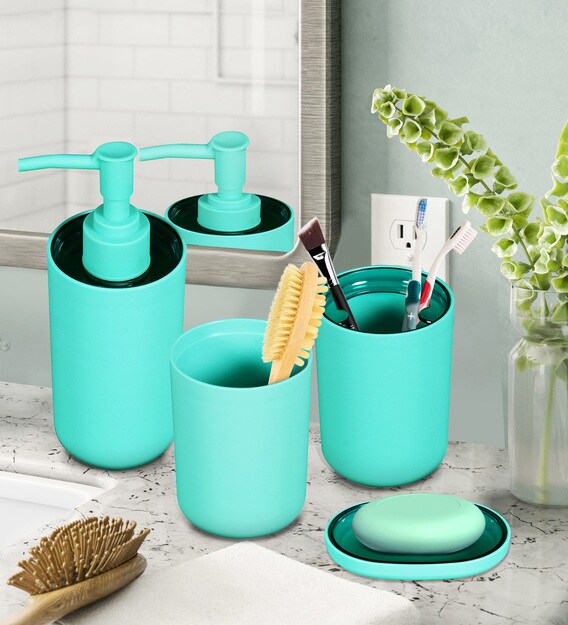 Buy Plastic Counter Top Bathroom Accessories In Light Turquoise Set Of 4 By Story Home Online Accessory Sets Accessory Sets Discontinued Pepperfry Product