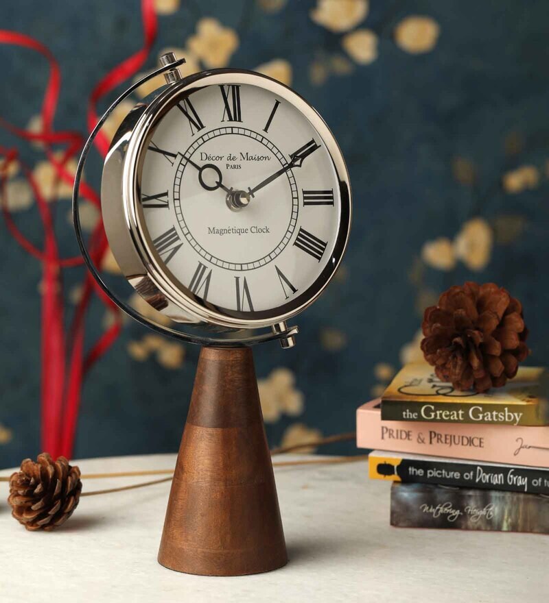 Buy Steel Wood'S Pedestal Clock In Reflective Silver By Decor De Maison