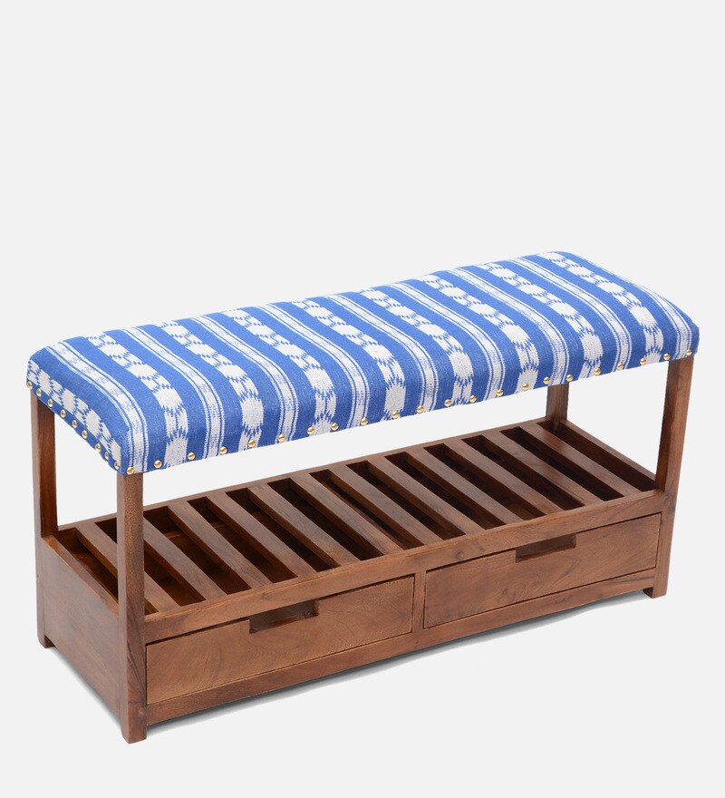 Buy Storage Solid Wood Bench in Blue & White Colour with Storage Online