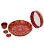 Stainless Steel Floral Decorative Karwa Chauth Thali Set with Plate Chalni Lota Diya Haldi Kumkum Holder-Karva Chauth Pooja Thali