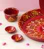 Stainless Steel Floral Decorative Karwa Chauth Thali Set with Plate Chalni Lota Diya Haldi Kumkum Holder-Karva Chauth Pooja Thali