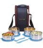 Varmora SS Mini Xclusive Lunch | Stainless Steel Lunch Box Set with Insulated Bag| 4 Containers(390ml-1pc, 520-3pc)| Airtight & Leak-Proof | FDA Approved & BPA-Free- Blue