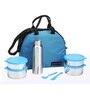 Varmora SS (Stainless Steel) Family Lunch Box (Tiffin) 390ml x2 SS Container,520ml x2 SS Container,500ml SS Bottle- Blue