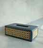Steel Blue Rectangular PU Leather and Natural Rattan Tissue Box Holder