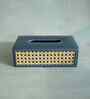 Steel Blue Rectangular PU Leather and Natural Rattan Tissue Box Holder