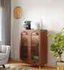 Stellar  Fluted Glass 2 Door Cabinet With Automatic LED light & Adjustable Shelf Tall Size In Teak Brown