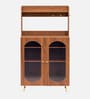 Stellar Fluted Glass Crokery Unit With Automatic LED light & Adjustable Shelf In Teak Brown