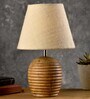 Striped Wooden Brown Lamp With White Jute Shade