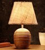 Striped Wooden Brown Lamp With White Jute Shade