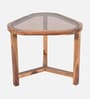 Strut Sheesham Wood Triangular Side Table in Provincial Teak Finish with Tinted Glass Strut Sheesham Wood Triangular Side Table in Provincial Teak Finish with Tinted Glass