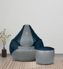Stylish XXXL Leatherette Bean Bag with Beans in Blue & Grey Colour with Pouffe