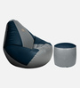 Stylish XXXL Leatherette Bean Bag with Beans in Blue & Grey Colour with Pouffe