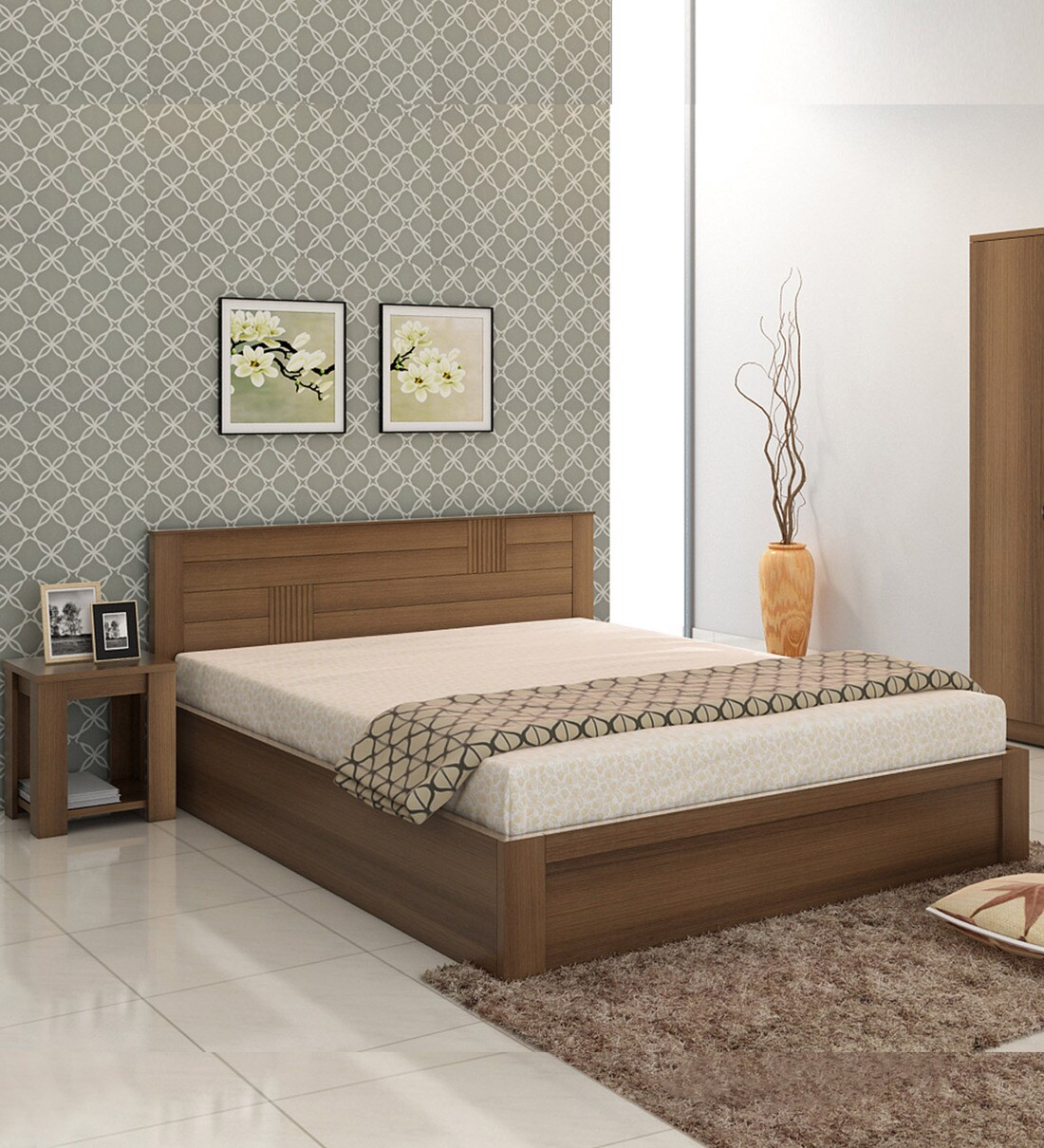 Buy Subaru Queen Size Bed with Storage & Bedside Table in Bronze Walnut