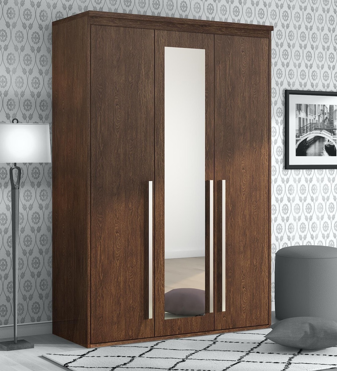 Buy Sumire 3 Door Wardrobe with Mirror in Brown Finish Mintwud by