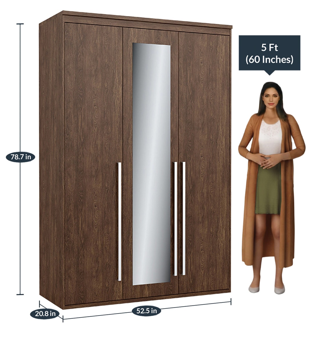 Buy Sumire 3 Door Wardrobe with Mirror in Brown Finish Mintwud by