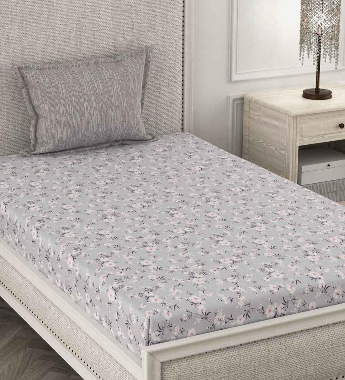 Buy Grey Floral 210 TC Microfiber Single Bedsheet With 1 Pillow Cover