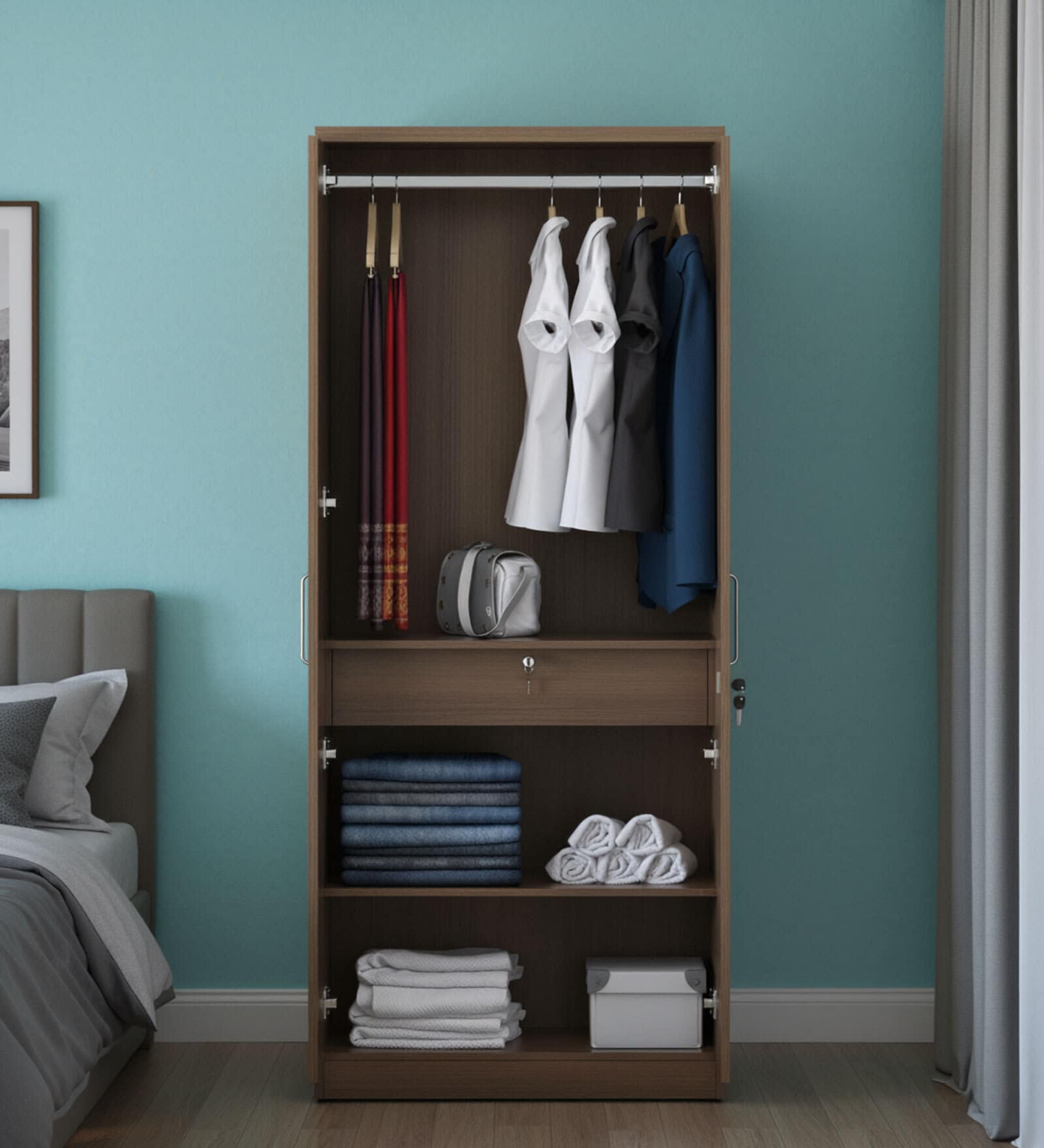 Subaru 2 Door Wardrobe In Walnut Bronze Finish With Mirror & Drawer Lock