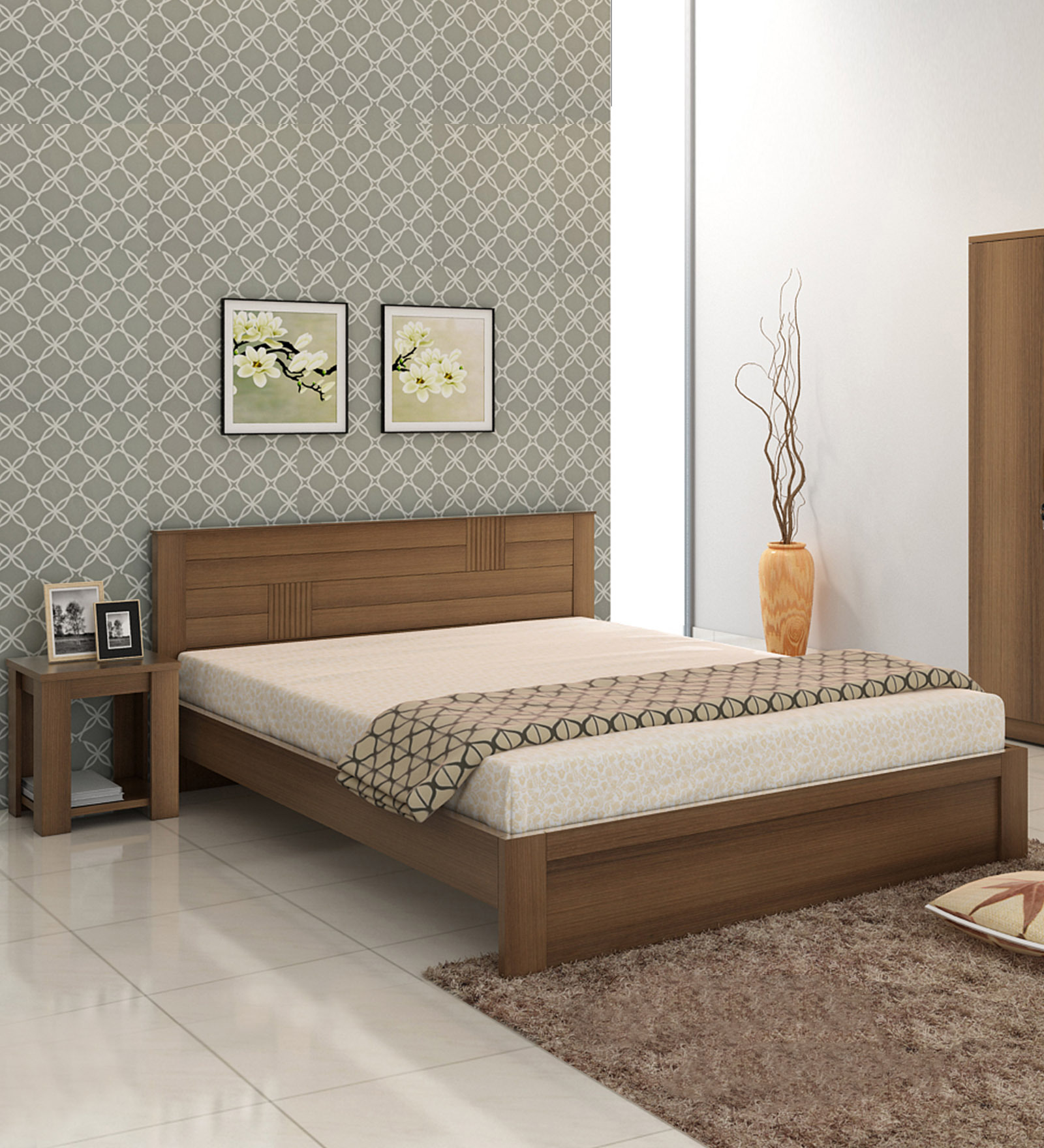 Subaru Queen Size Bed With Bedside Table In Bronze Walnut Finish