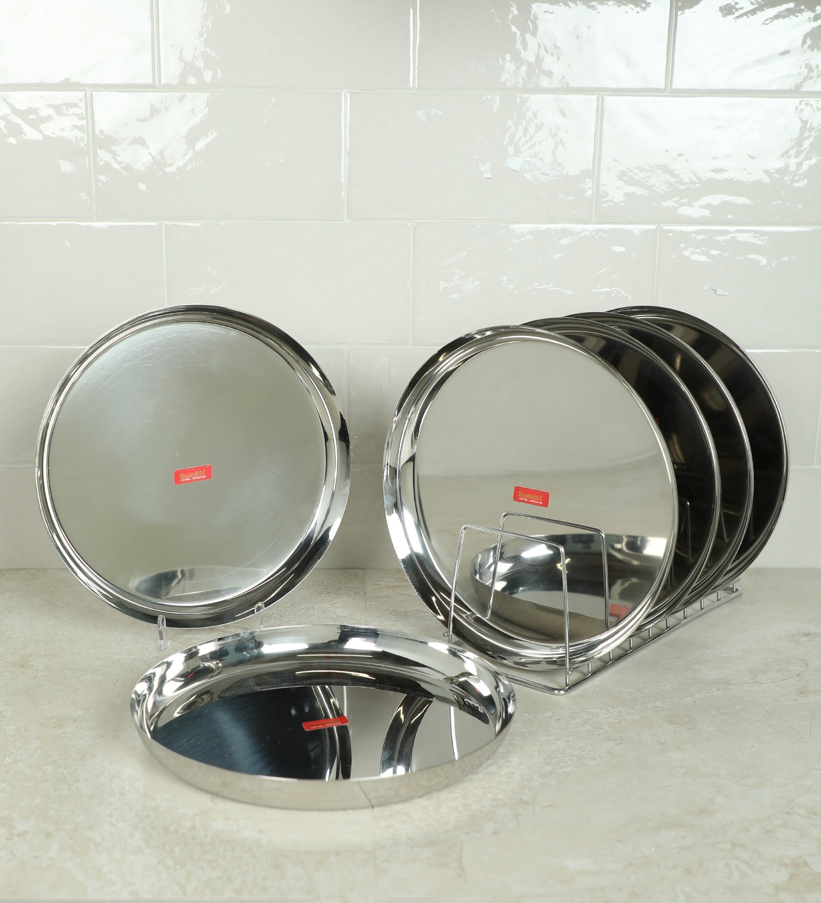 Sumeet Stainless Steel Apple Shape Heavy Gauge Dinner Plates with Mirror Finish 27cm Dia