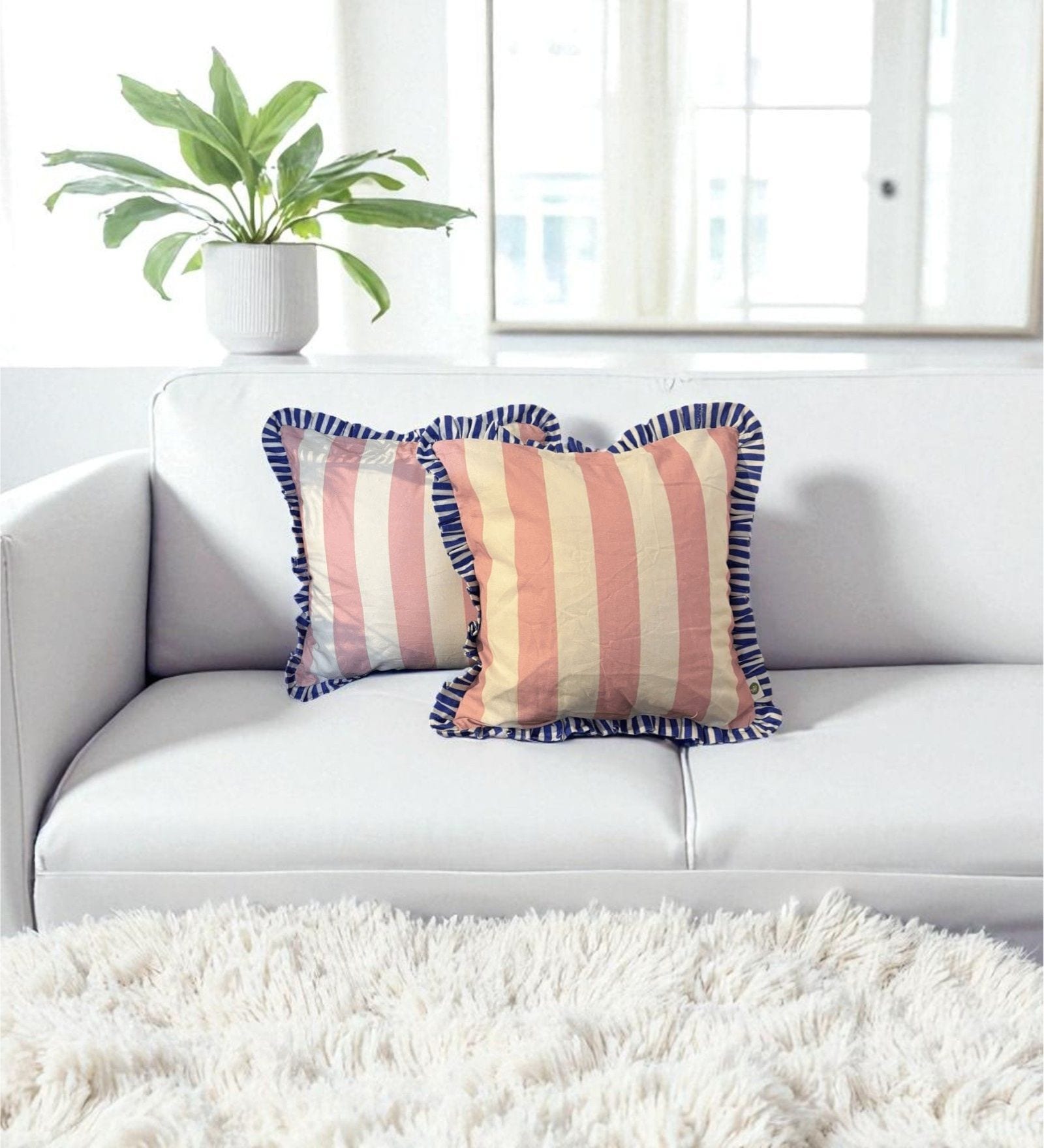 Beige Striped Striped Cotton Ruffle 18x18 inches Cushion Covers Set of 2